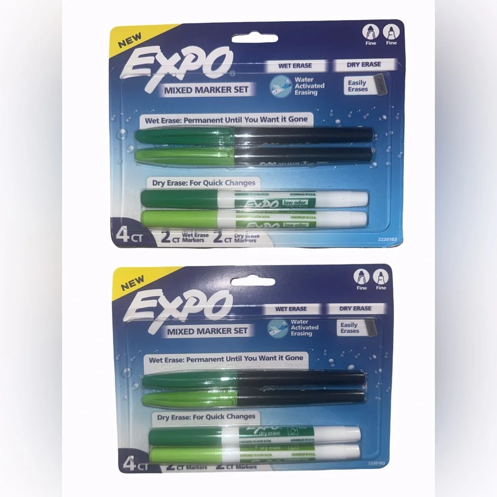 2 Packs ~ Expo Mixed Marker Set  Wet Erase & Dry Erase Green 8 Markers Total NEW